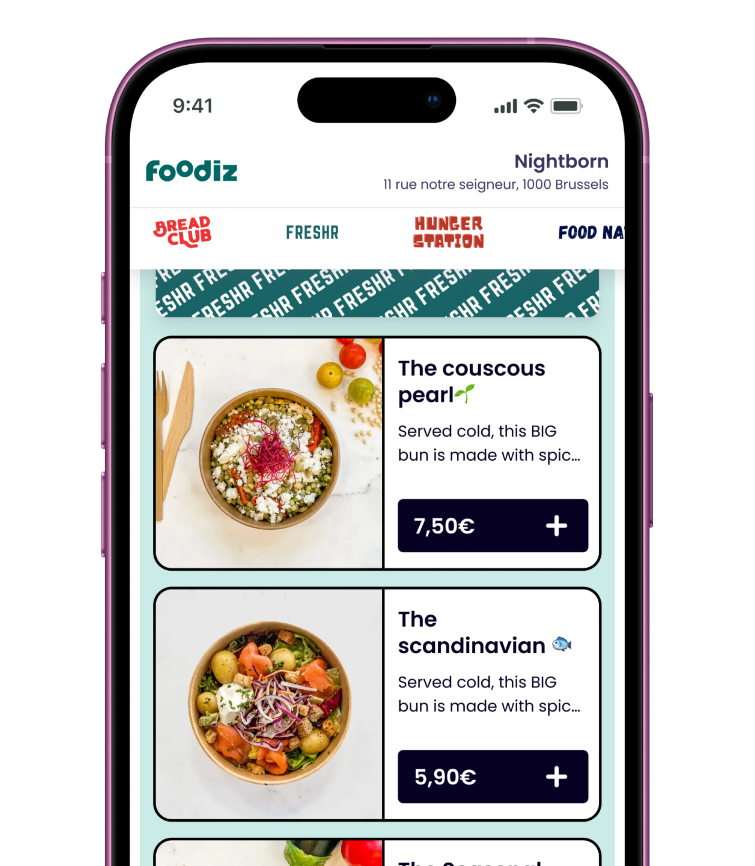 Foodiz food-ordering app interface designed by Nightborn