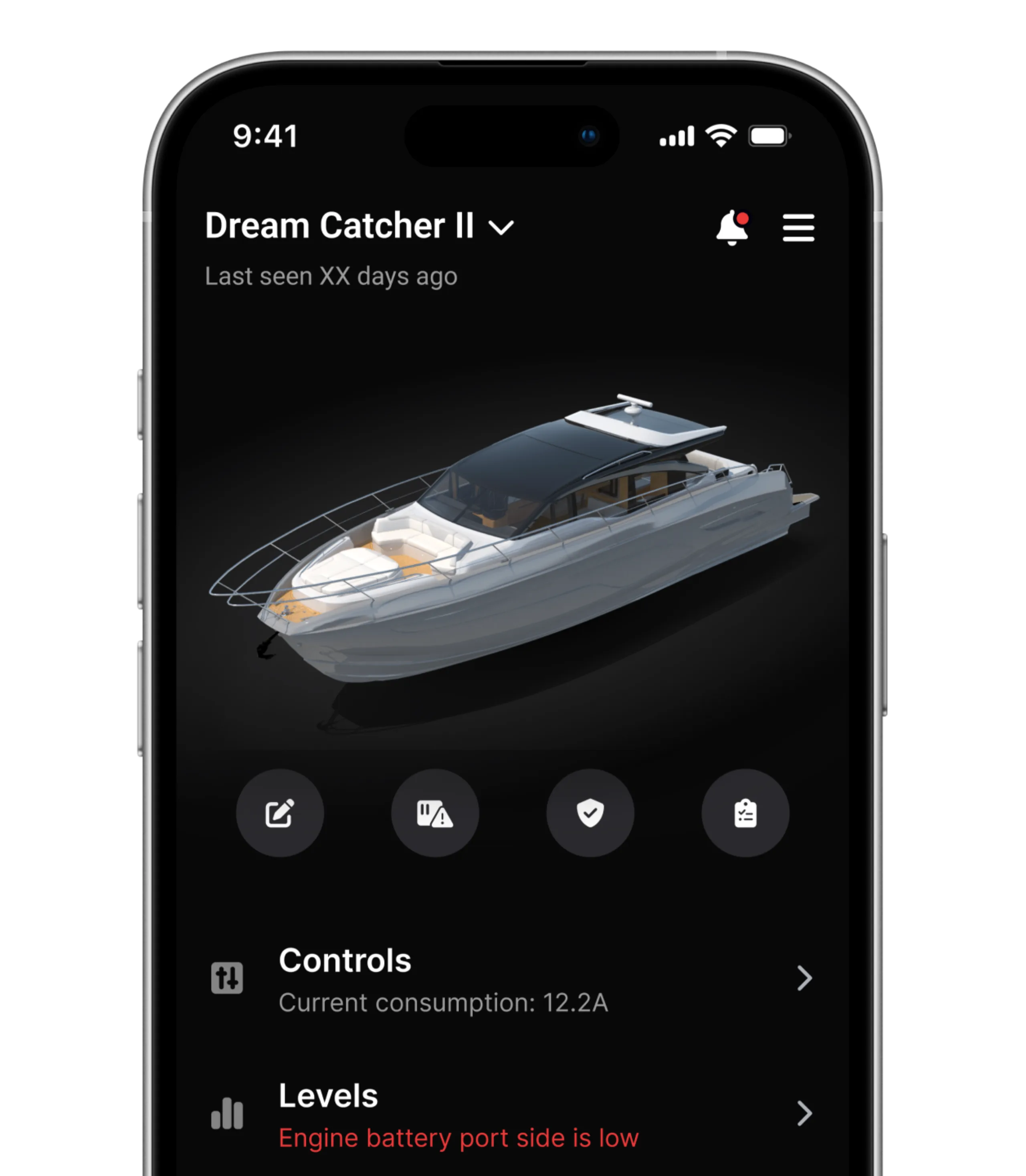 Sailsense boat monitoring app interface designed by Nightborn